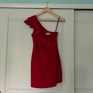 Red one shoulder ruffle dress